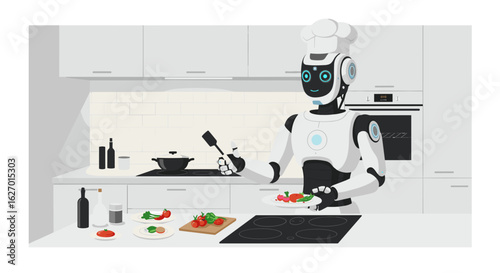Robot chef cooking in modern kitchen with culinary precision and advanced technology. Vector illustration