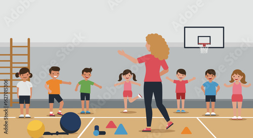 Female teacher leading multiracial kids in gym class with sports equipment and basketball hoop. Vector illustration