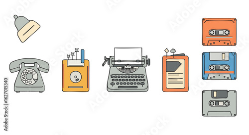 A set of retro office and communication icons with a typewriter, rotary telephone, and cassette tapes. Vintage technology flat line illustration.