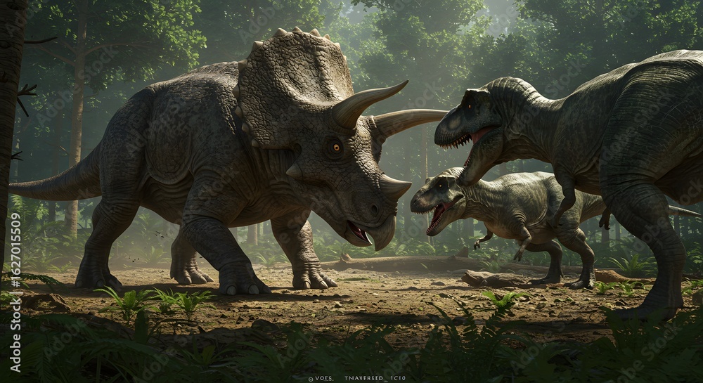 Fototapeta premium A triceratops faces two tyrannosaurus rex in a dense prehistoric jungle environment illustration