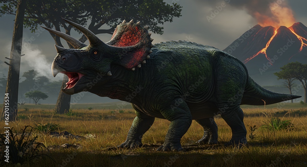 Fototapeta premium A triceratops roaring in a field with a volcano erupting in the background under a cloudy sky