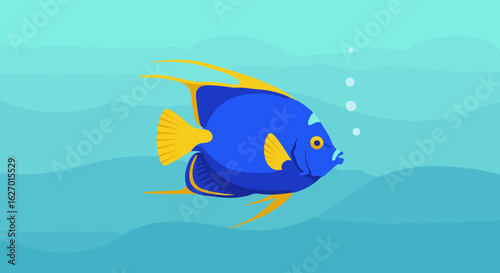 Vibrant blue and yellow tropical fish swimming underwater with bubbles in ocean. Vector illustration