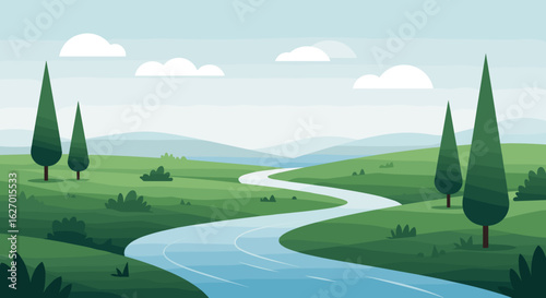 Serene landscape with river and trees in a peaceful green countryside setting. Vector illustration