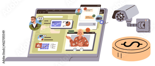 Laptop screen featuring video calls, analytics, and digital user profiles, accompanied by a security camera and coin. Ideal for online communication, finance, technology, privacy, security remote