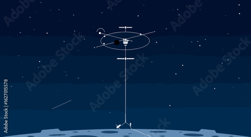 Space station orbiting planet with starry night sky and satellite illustration. Vector illustration