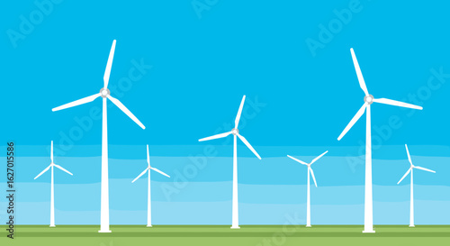 Wind turbines on green field under clear blue sky for clean energy and renewable power generation. Vector illustration