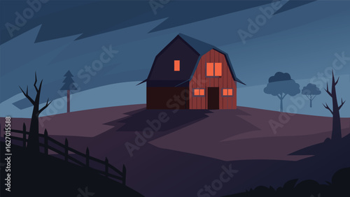 scary barn in abandoned field at dusk vector background