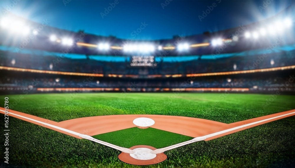 Obraz premium baseball field in a brightly lit outdoor stadium focused foreground with a blurry background for copy space