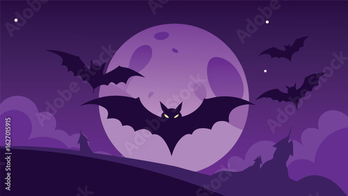 silhouette bats flying under purple night sky vector background