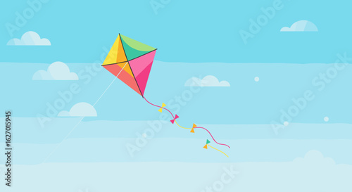 Colorful kite flying in clear blue sky with fluffy clouds on a sunny day. Vector illustration