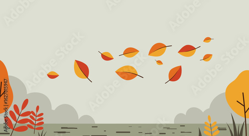Autumn leaves falling in a tranquil landscape with soft colors and gentle breeze. Vector illustration
