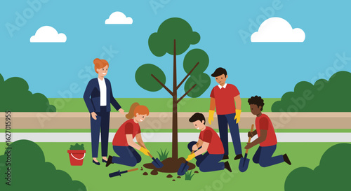 Diverse group of adults planting tree in park on a sunny day. Vector illustration