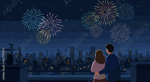 Young caucasian couple watching fireworks over city skyline at night. Vector illustration