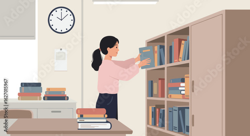 Asian female librarian organizing books in library setting with shelves and clock. Vector illustration