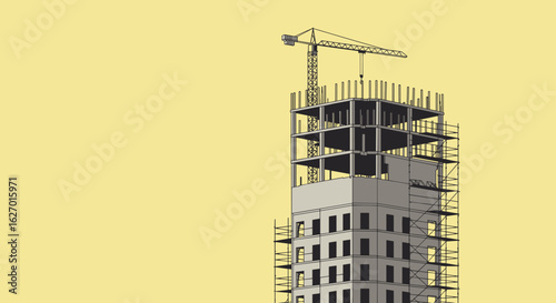 High-rise construction scene with crane and scaffolding on yellow background. Vector illustration