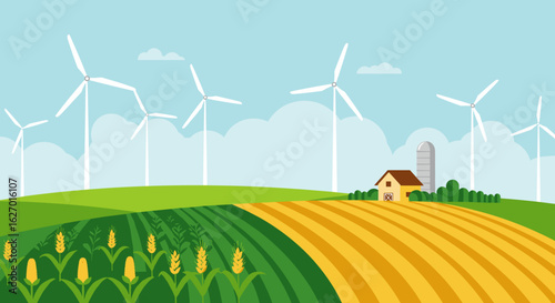 Sustainable wind farm and agricultural landscape with corn field and farmhouse. Vector illustration