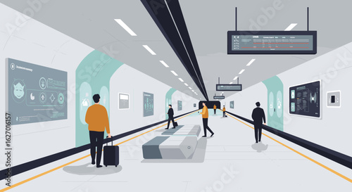 Modern subway station scene with diverse adults using technology for travel. Vector illustration