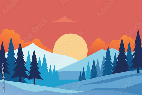 snowy forest clearing with warm sunrise vector background