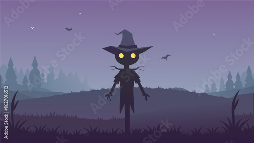 spooky scarecrow field at dusk misty vector background