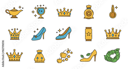 Fairy tale icon collection with magic and royalty symbols. Vector graphic elements including crown, magic lamp, and glass slipper for design.