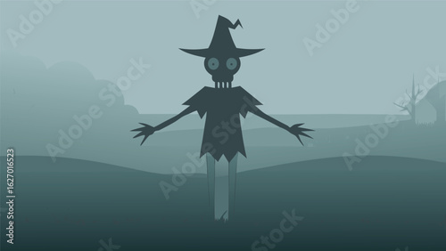 spooky scarecrow field under mist vector background