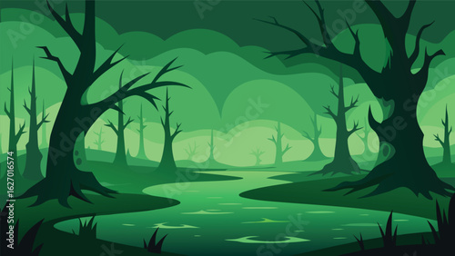 spooky swamp with eerie green mist vector background