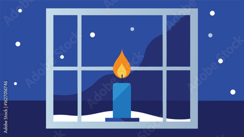 warm candle flame flickering over snowy window vector background