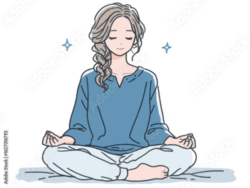 Serene young woman meditating with closed eyes, sitting cross-legged on the floor in a peaceful atmosphere, wellness and mindfulness concept for yoga studios or spas
