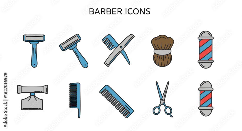 Fototapeta premium A collection of colorful barber shop icons. Professional hairdressing and male grooming equipment vector illustration set.