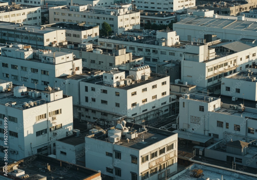 Fototapeta premium Dense urban cityscape of white buildings under warm sunlight