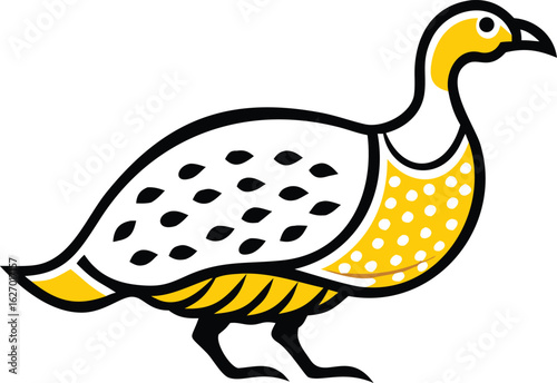 Golden partridge illustration shows clean lines and a striking combination of patterns on white