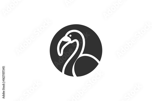 Minimalist flamingo with elongated neck enclosed within a solid circle showcases modern abstraction