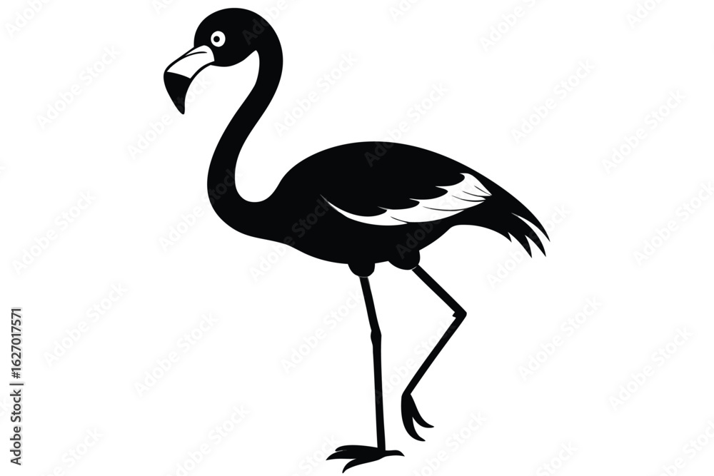 Fototapeta premium Silhouette illustration shows a cartoon flamingo standing on one leg, creating a minimal design