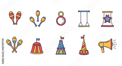 Colorful line art icon set of circus and carnival elements. Vector illustrations for entertainment, performance, and funfair themes. num1 (88).