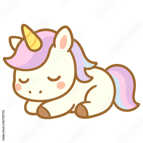 Adorable chibi unicorn peacefully napping with pastel rainbow mane in cute kawaii vector