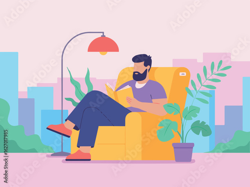 Clean and modern vector  man reading book in armchair illustration vector graphic design art