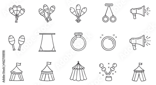 A simple set of line icons for circus entertainment, featuring big top tents, juggling clubs, and other performance props.