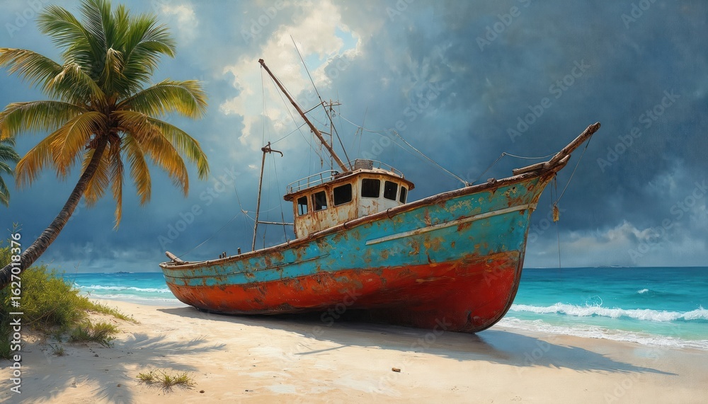 Fototapeta premium Colorful fishing boat grounded on tropical beach sand. Weathered vessel with peeling blue and red paint rests near palm trees. Turquoise ocean waves gently lap the shore under dramatic cloudy sky.