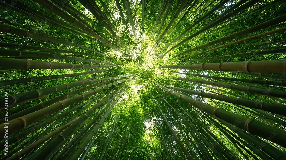 Looking up through tall green trees in a lush forest with sunlight filtering through Looking up through tall green trees in a lush forest with sunlight filtering through