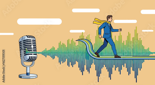Voice Technology and Communication Journey – Businessman Walking on Sound Waves