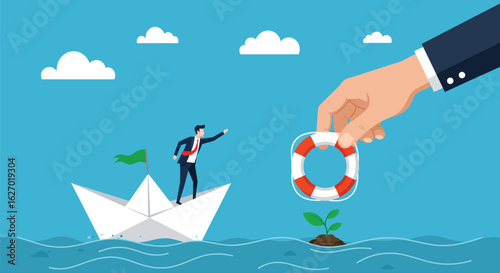 Business Rescue and Sustainability Concept – Paper Boat, Lifesaver, and Plant