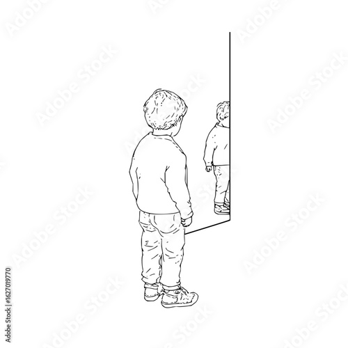 Boy mirror reflection drawing sketch art line vector illustration child kid standing looking at himself in mirror art 100