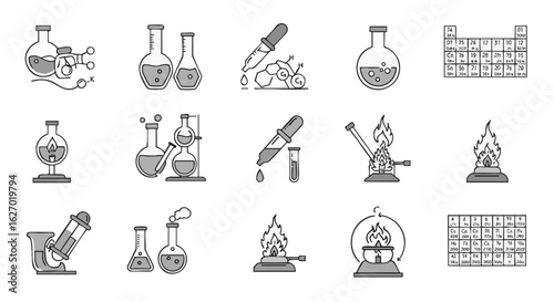 Chemistry lab and scientific experiment outline icon set. Vector illustrations of laboratory glassware and research equipment for educational concepts