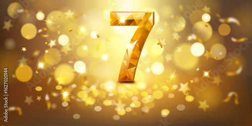 Golden number 7 with a faceted, gem-like appearance, set against a warm, golden background filled with soft bokeh lights and scattered golden stars, creating a festive and celebratory atmosphere.