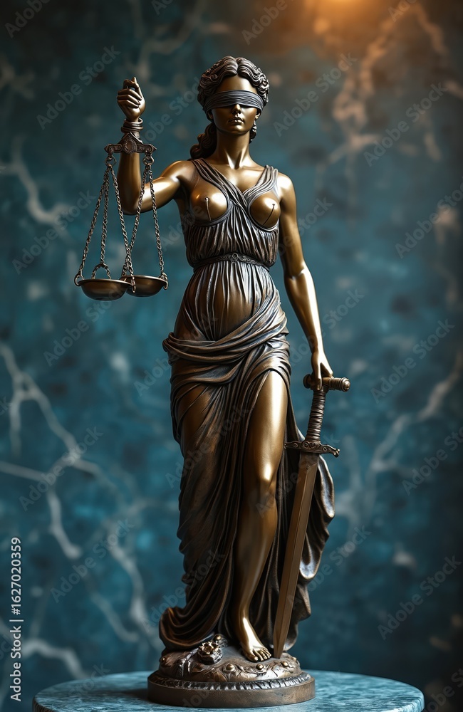 Obraz premium Bronze statue of Themis, Greek Goddess of Justice, law, order. Blindfolded figure holds scales of justice, fairness. Sword represents power to enforce laws. Classic sculpture representing legal