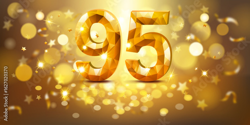 Golden number 95 with a faceted, gem-like appearance, set against a warm, golden background filled with soft bokeh lights and scattered golden stars, creating a festive and celebratory atmosphere.