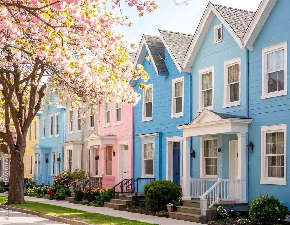 Obraz premium Colorful houses beneath a blossoming tree