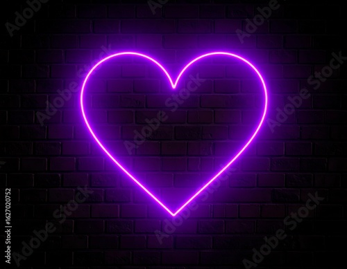 Neon heart graphic on dark brick wall