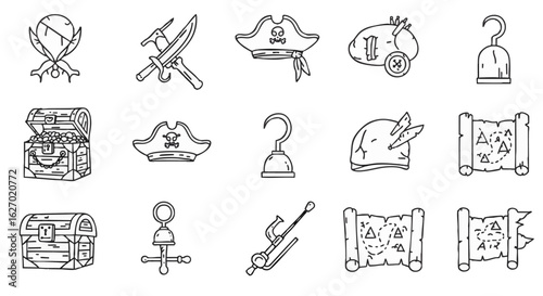 A collection of various pirate-themed illustrations, including maps, hats, and weapons.