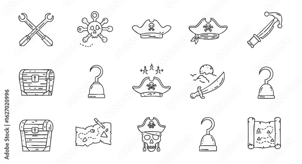 Fototapeta premium Vector line art icons for pirate adventures, featuring classic hats, treasure chests, hooks, swords, maps, and essential tools, ideal for game design and creative projects